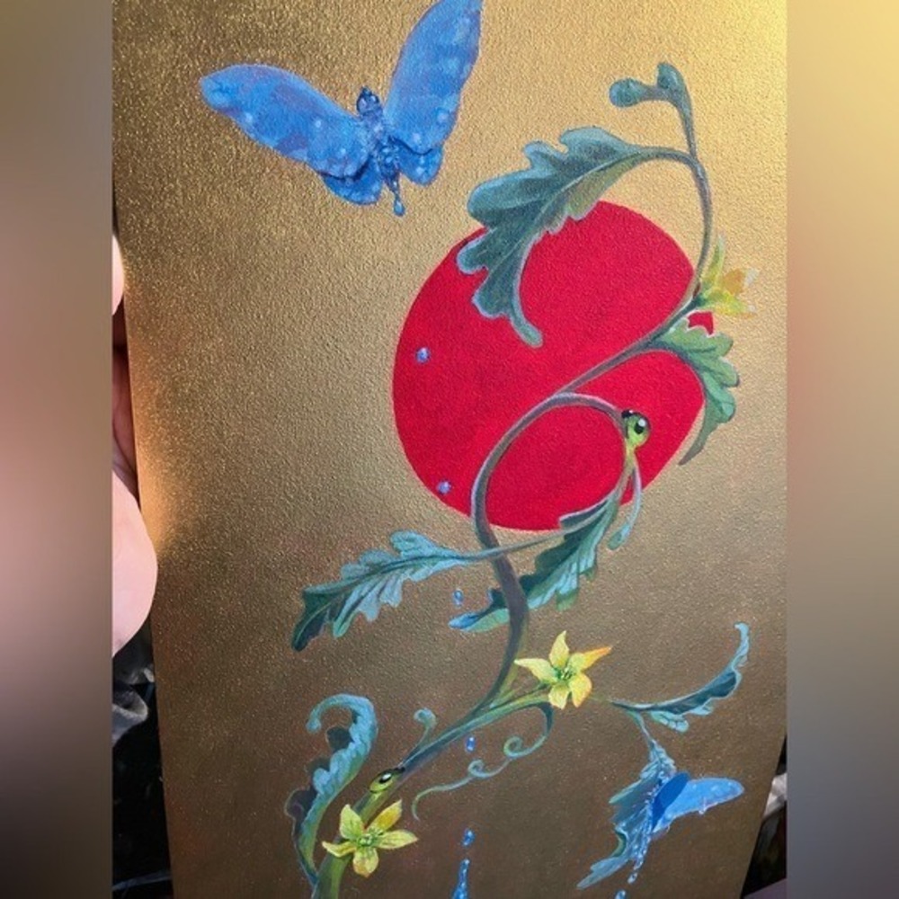 ORIGINAL Butterfly's Painting Surrealist Watermelon Mushroom Art Gold Accent EAE - Picture 6 of 9